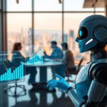 AI chatbot assisting in sales strategy discussion, with data analytics displayed, highlighting the integration of AI in enhancing email marketing campaigns for small businesses.