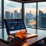 Person using laptop displaying sales data analytics with city skyline view, emphasizing chatbot integration in sales processes.