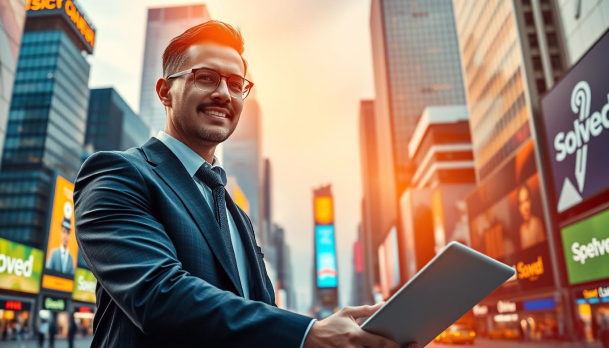 Businessman in a suit holding a tablet in a vibrant urban setting, with digital billboards promoting AI-driven CRM solutions by Solved, illustrating modern sales success.