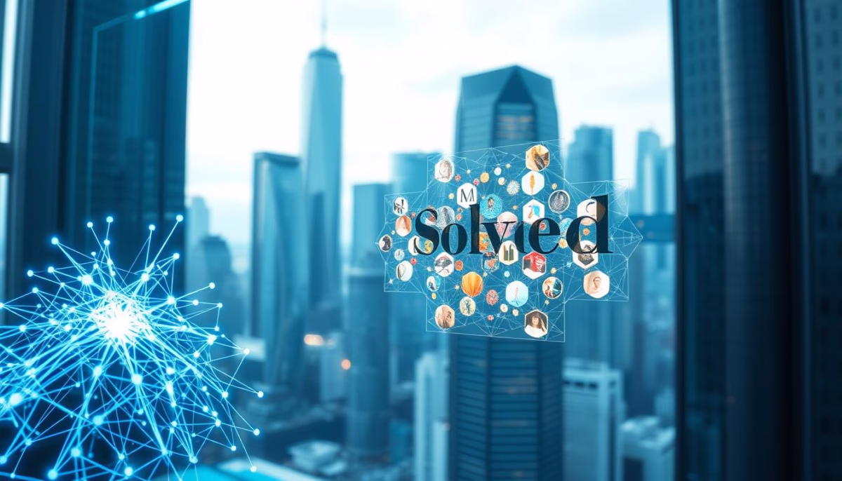 Abstract representation of AI network with "solved" logo, symbolizing optimization in social media advertising, set against a city skyline backdrop.