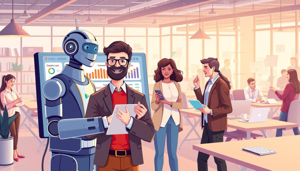 Illustration of a smiling man with glasses and a robot in a modern office, showcasing AI-powered CRM tools, with colleagues engaged in discussions and data analysis, emphasizing collaboration and technology in enhancing sales processes.