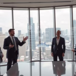 Business professionals discussing AI strategies for customer retention in a modern office with a city skyline view and digital analytics displayed.