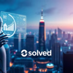 Robot analyzing data with city skyline and Solved logo, emphasizing AI-driven marketing strategies for small businesses on TikTok.