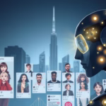 AI-generated profile images and digital interface, showcasing the role of artificial intelligence in influencer marketing, with a futuristic city skyline in the background.