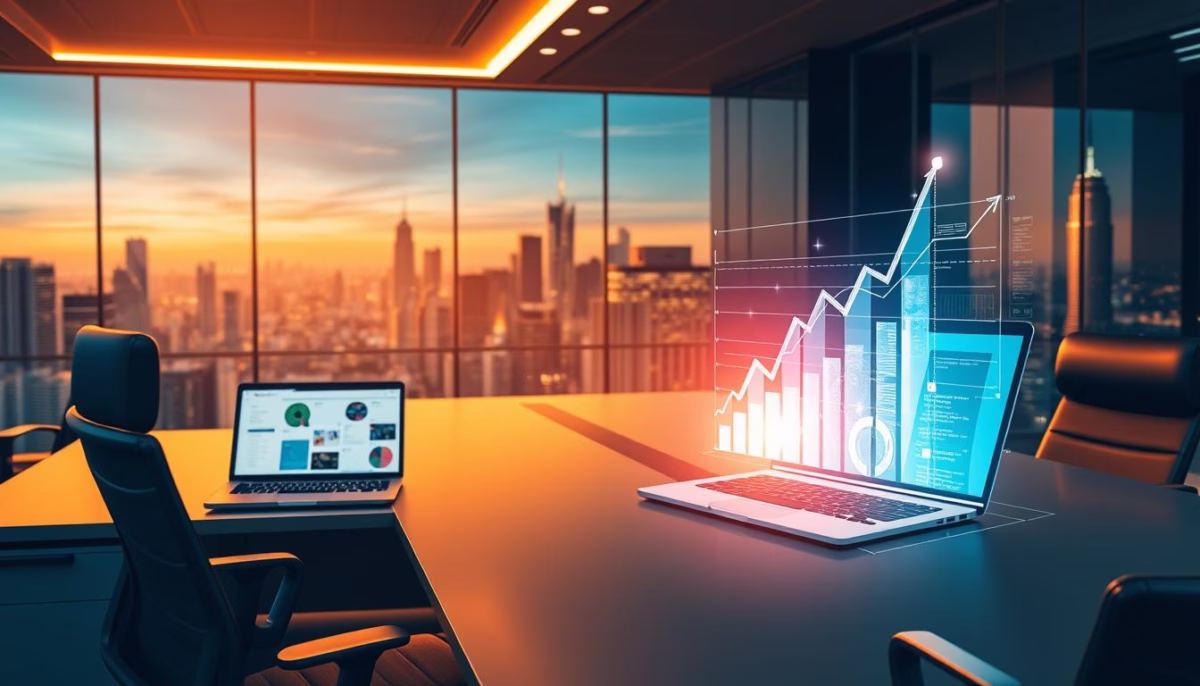 Office setting with a laptop displaying data analytics and a digital growth chart, symbolizing AI-driven marketing and sales strategies for small businesses.