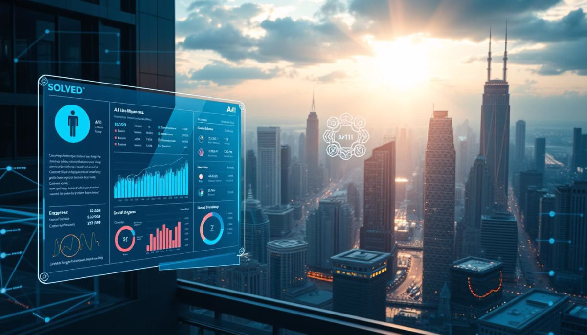 AI analytics dashboard from Solved displaying influencer engagement metrics and marketing data against a city skyline at sunset, illustrating the role of AI in enhancing influencer marketing strategies.