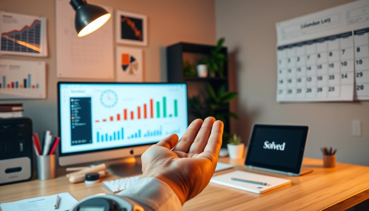 Hand reaching out in a modern office setting with a computer displaying performance graphs, a tablet showing the brand name "Solved," and a calendar, illustrating digital marketing analytics and campaign management.