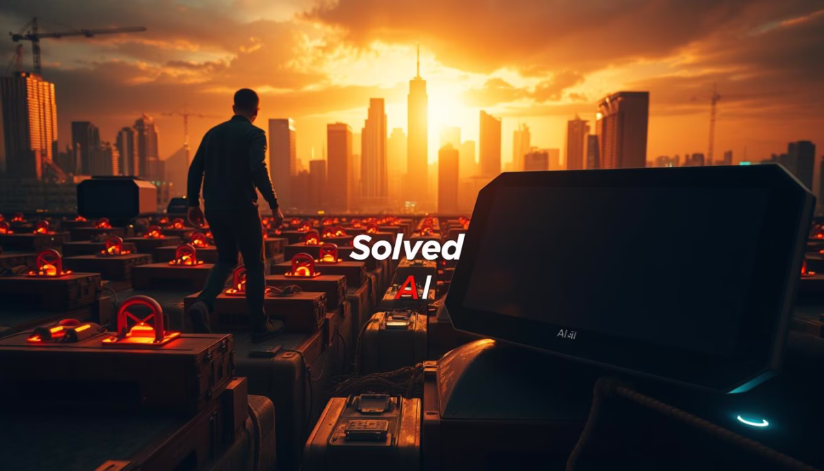 Person standing on crates in a cityscape at sunset, featuring the brand name "Solved" and "AI," symbolizing AI-driven marketing solutions for small businesses.