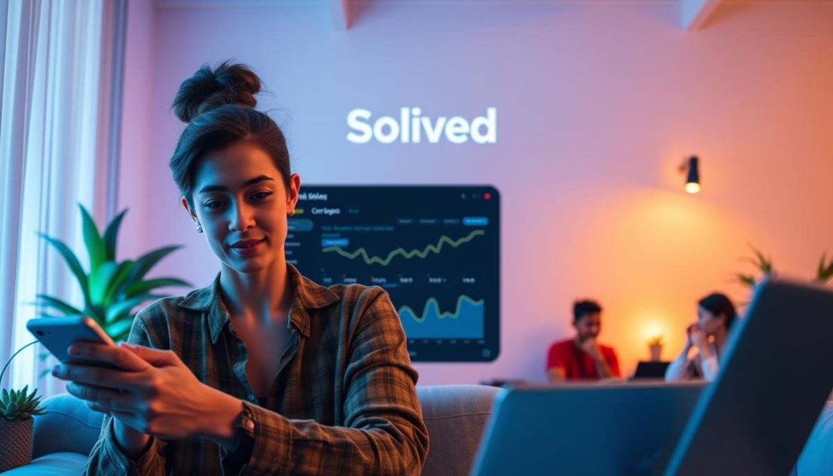 Woman using smartphone in a modern workspace with "Solved" logo and data analytics display in the background, illustrating AI-driven marketing insights for small businesses.