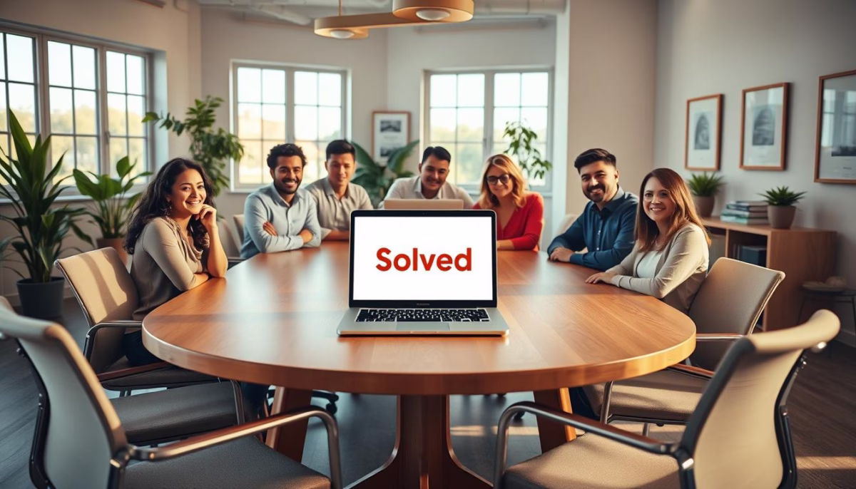 Group of diverse professionals seated around a conference table, engaged in a discussion, with a laptop displaying the brand name "Solved," symbolizing collaboration and social proof in marketing.