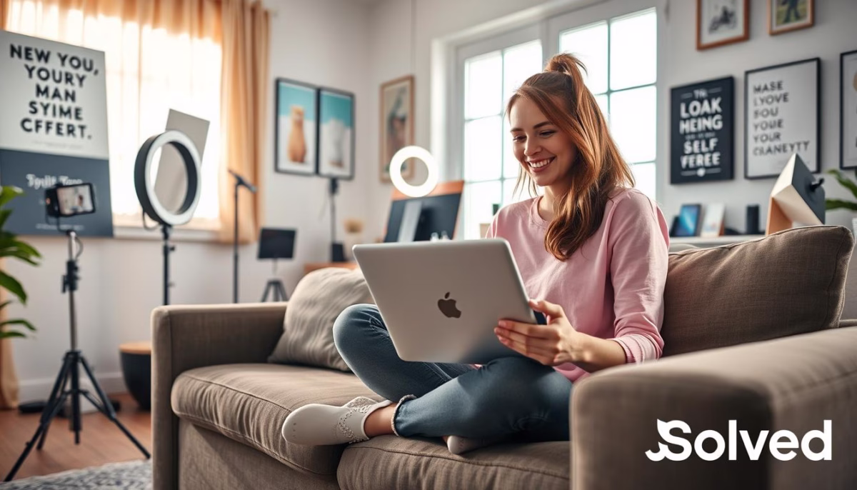 Smiling woman using a laptop on a couch in a cozy room, illustrating creative content creation for small business marketing on TikTok, with Solved branding visible.