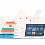 Laptop displaying digital marketing tools alongside colorful stacked books, representing AI-powered content strategies for small businesses.