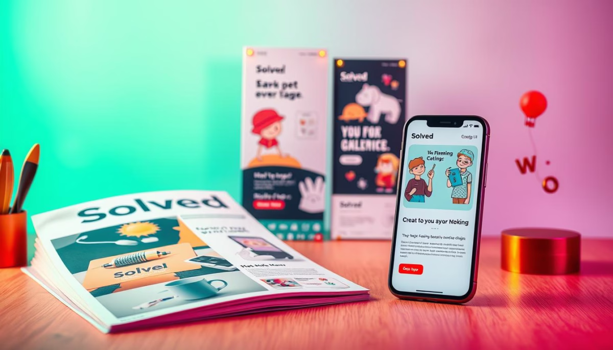 Creative ad designs featuring Solved branding on a magazine, smartphone displaying the Solved app, and promotional materials for retargeting ads in digital marketing.