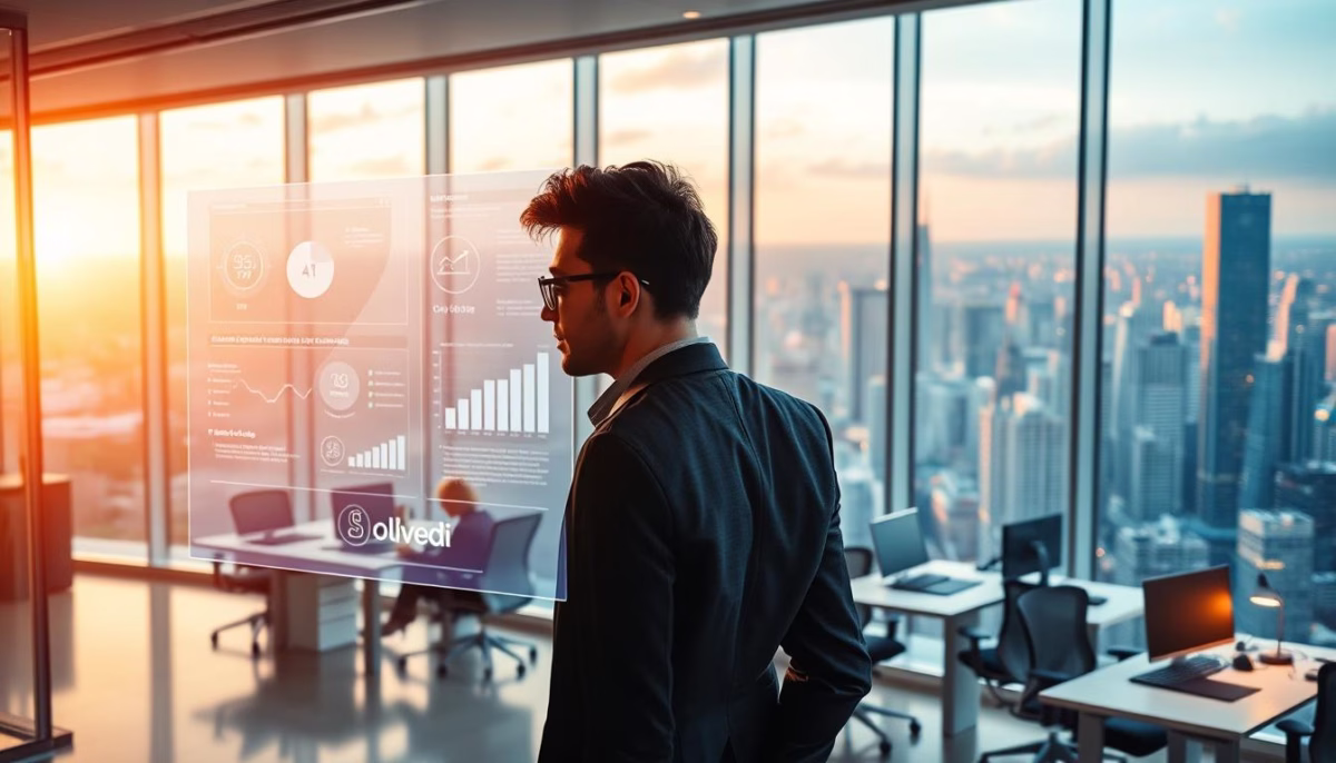 Business professional analyzing AI-driven analytics dashboard in modern office with city skyline view, emphasizing customer retention strategies and data insights.