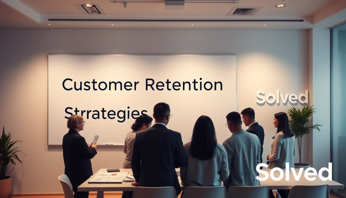 Group of professionals discussing customer retention strategies in a modern office setting, featuring 'Customer Retention Strategies' text on a presentation board and 'Solved' branding.