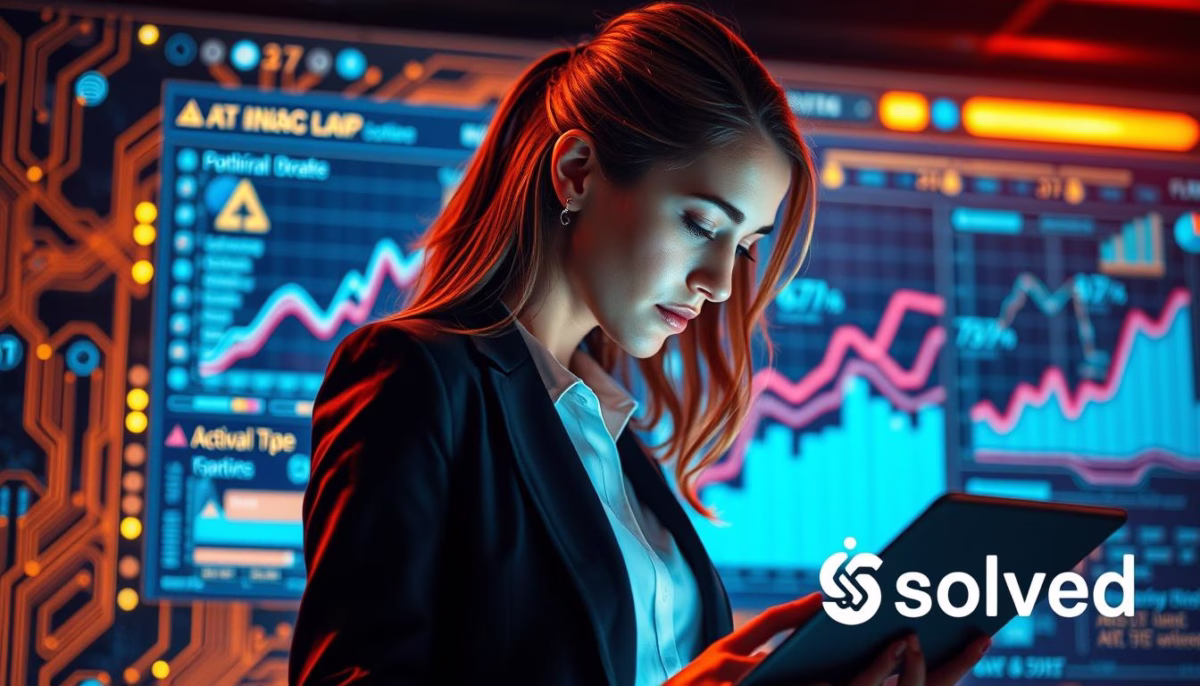 Businesswoman analyzing data on tablet with digital marketing graphs and Solved logo in background, highlighting AI-driven decision-making for personalized marketing strategies.