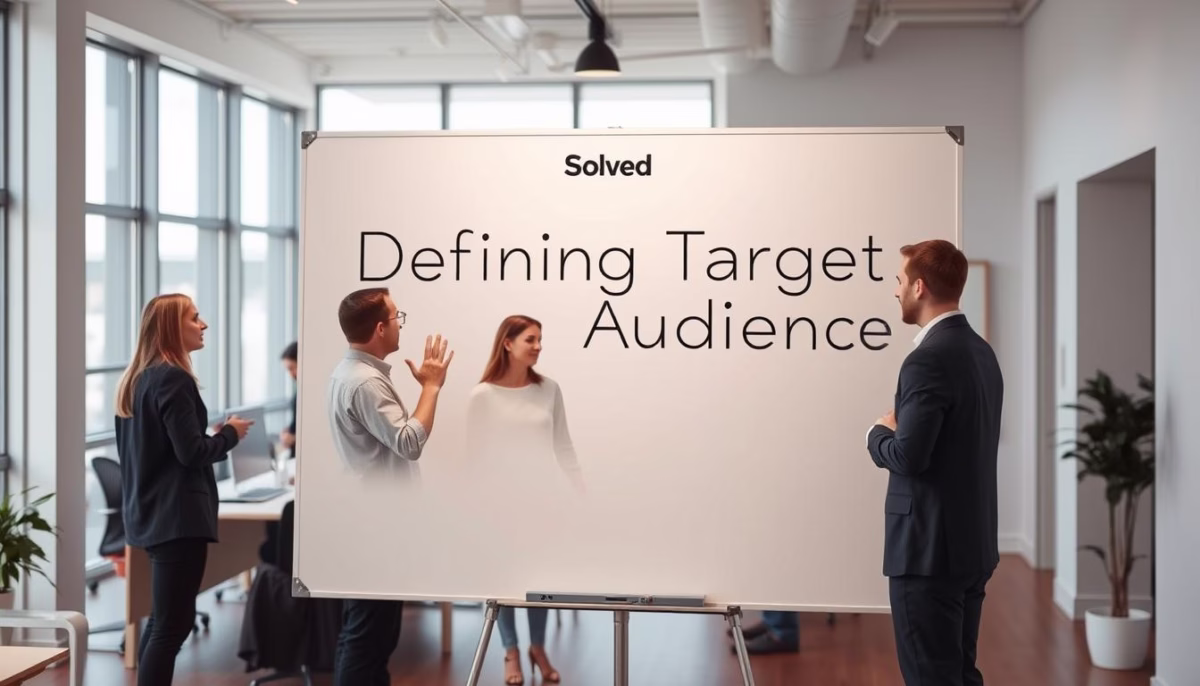 Group of professionals discussing strategies in front of a whiteboard titled "Defining Target Audience," with the brand name "Solved" prominently displayed, emphasizing LinkedIn marketing for lead generation.