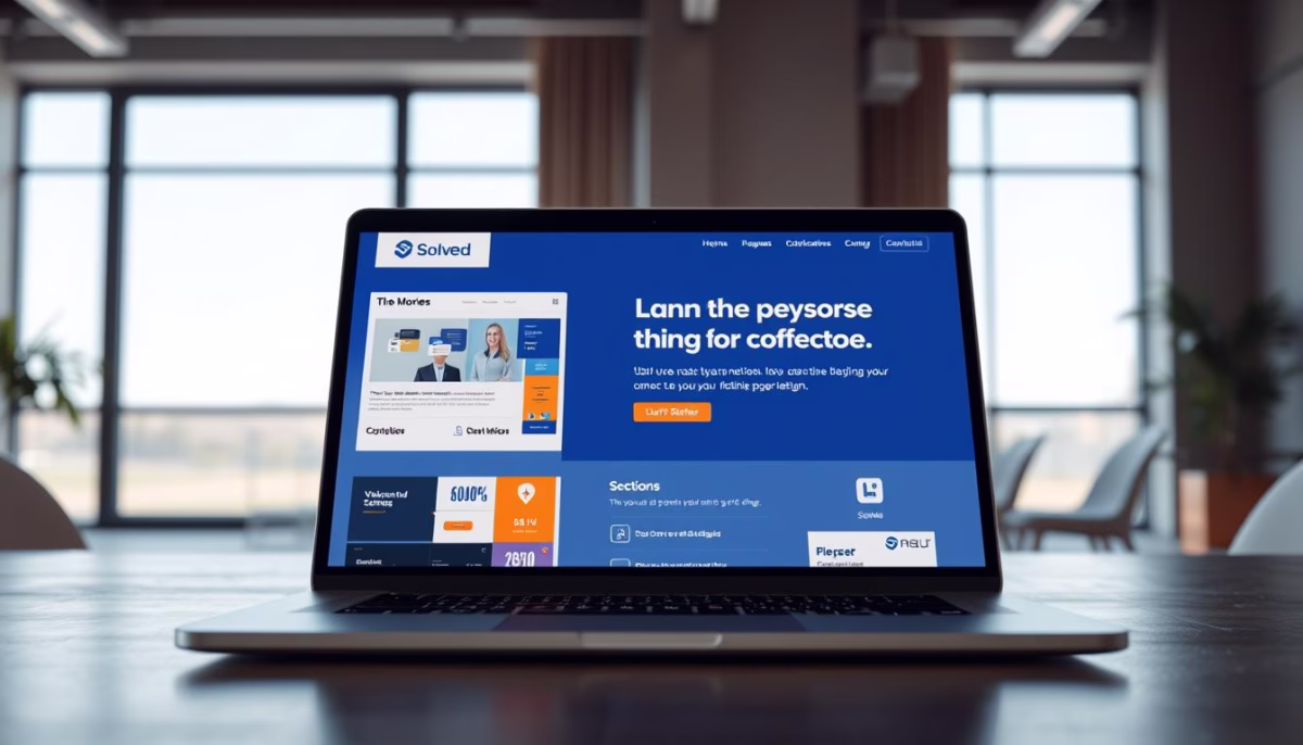 Laptop displaying Solved's website, featuring AI-driven tools for creating high-converting landing pages, with a focus on enhancing small business online presence.