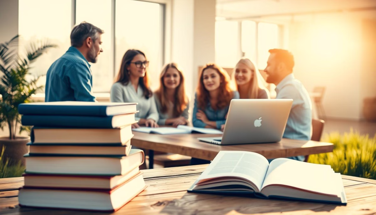 Group of professionals discussing strategies around a table with a laptop and open book, symbolizing collaboration and learning in marketing, emphasizing the role of social proof in enhancing business credibility and sales.