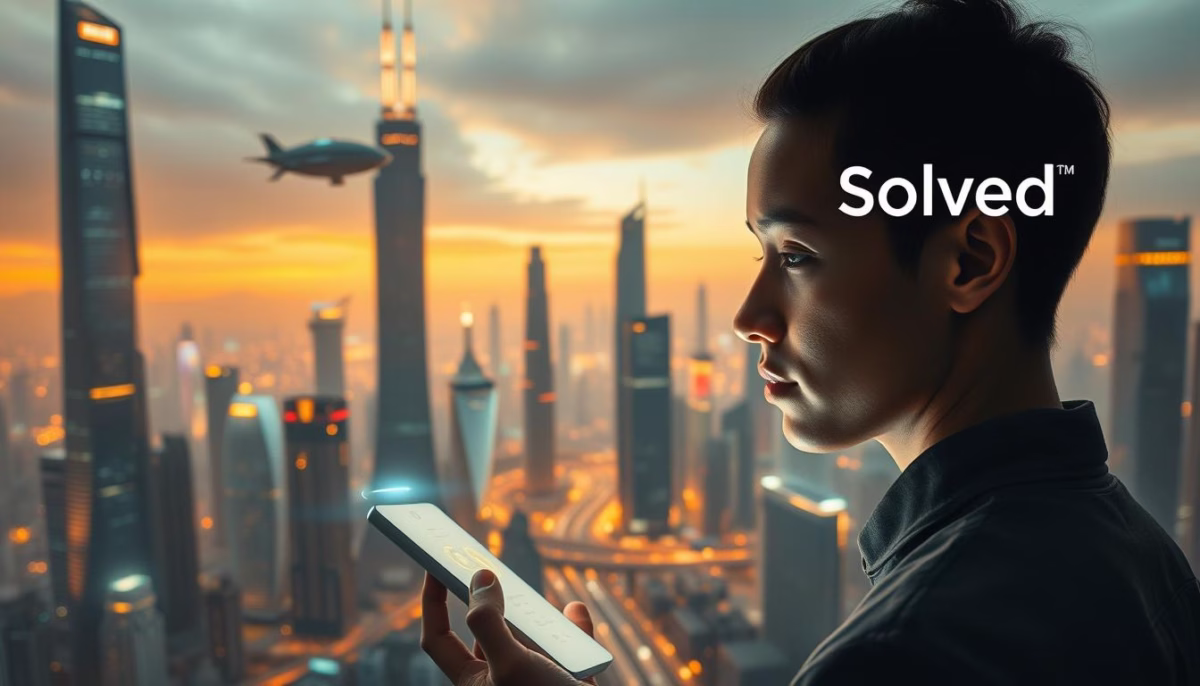 Person using smartphone in futuristic cityscape with Solved logo, symbolizing AI-driven personalized marketing strategies for small businesses.