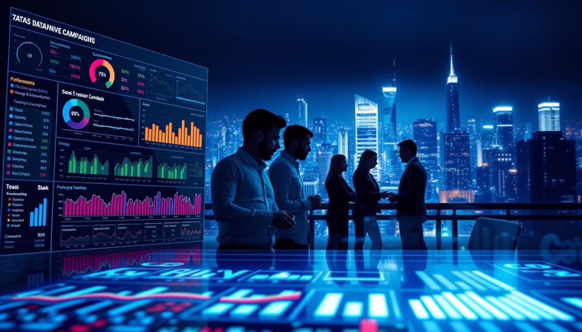 Business professionals analyzing data on digital screens with city skyline backdrop, illustrating AI-driven strategies for optimizing social media ad campaigns.