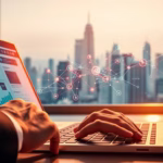 Person using laptop with city skyline in background, symbolizing digital marketing and business strategies for small businesses on TikTok.