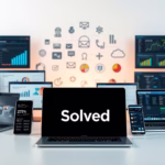 Laptop displaying "Solved" with multiple screens showing data analytics and CRM icons, representing AI-powered CRM tools for small businesses.