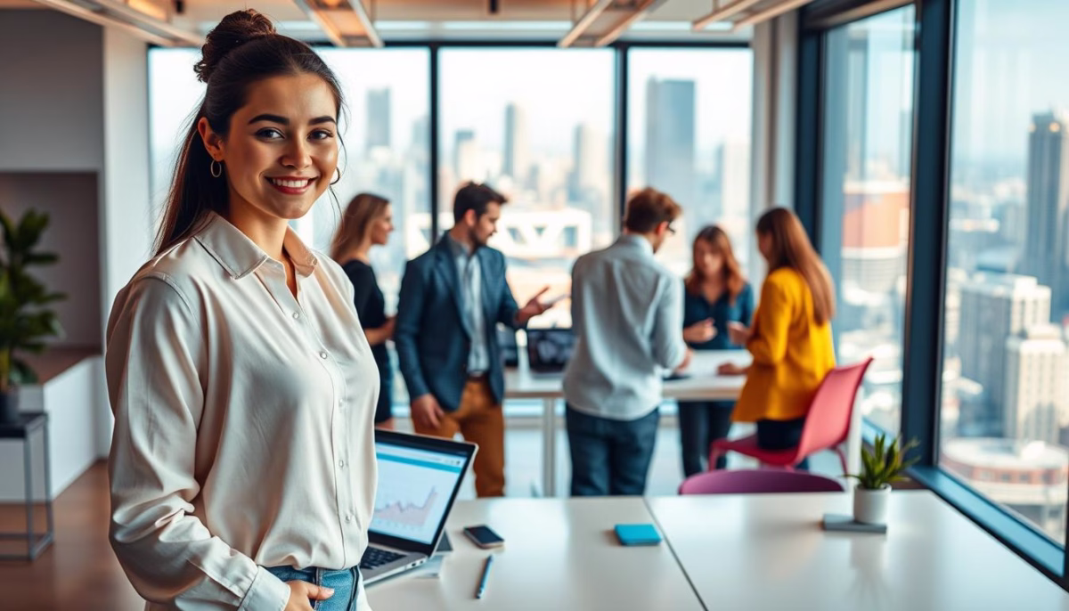 Smiling woman in a modern office setting with colleagues collaborating, emphasizing teamwork for effective TikTok marketing strategies for small businesses.