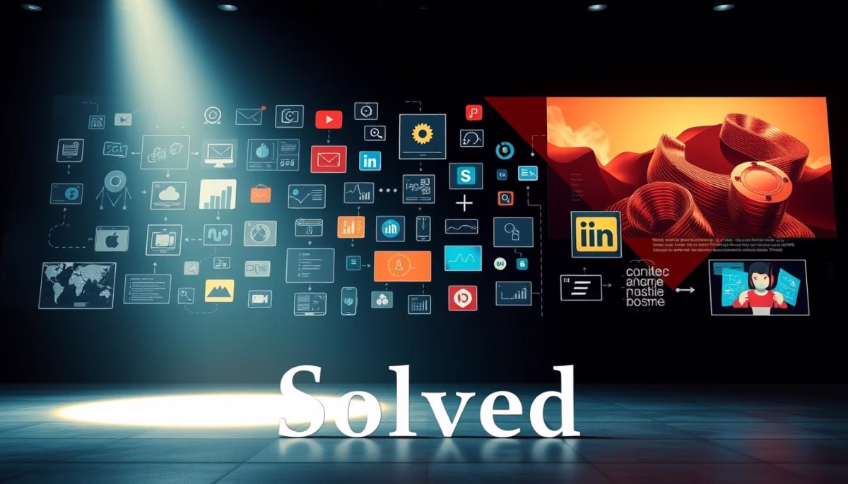 Visual representation of digital marketing concepts with icons for social media platforms and analytics, featuring the brand name "Solved," emphasizing LinkedIn marketing strategies for lead generation.