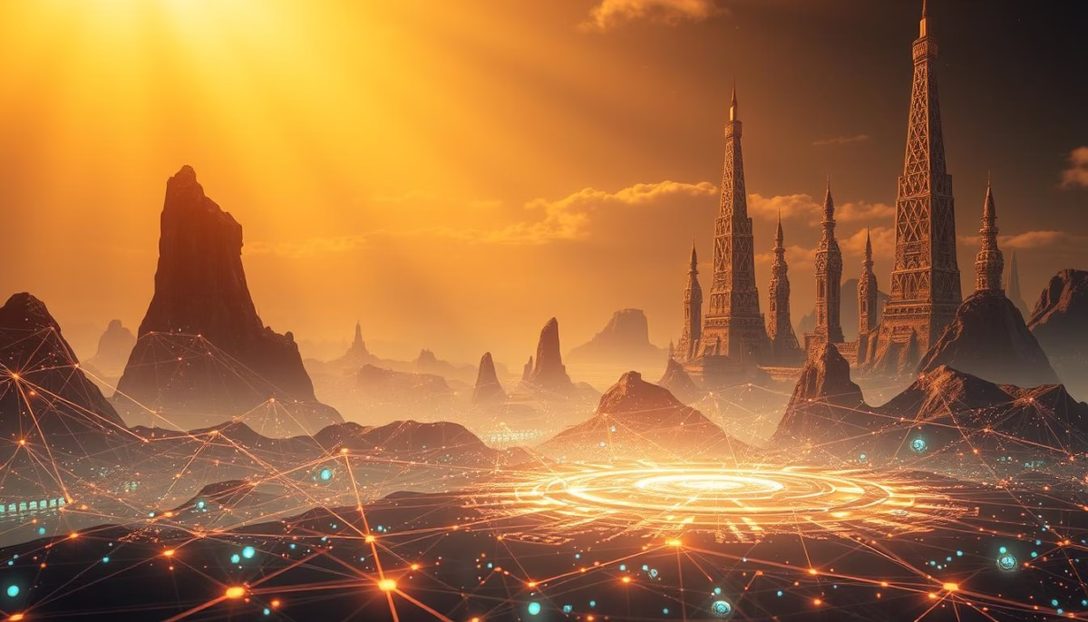 Futuristic landscape with towering spires and glowing network connections, symbolizing AI-driven email marketing automation and personalization.