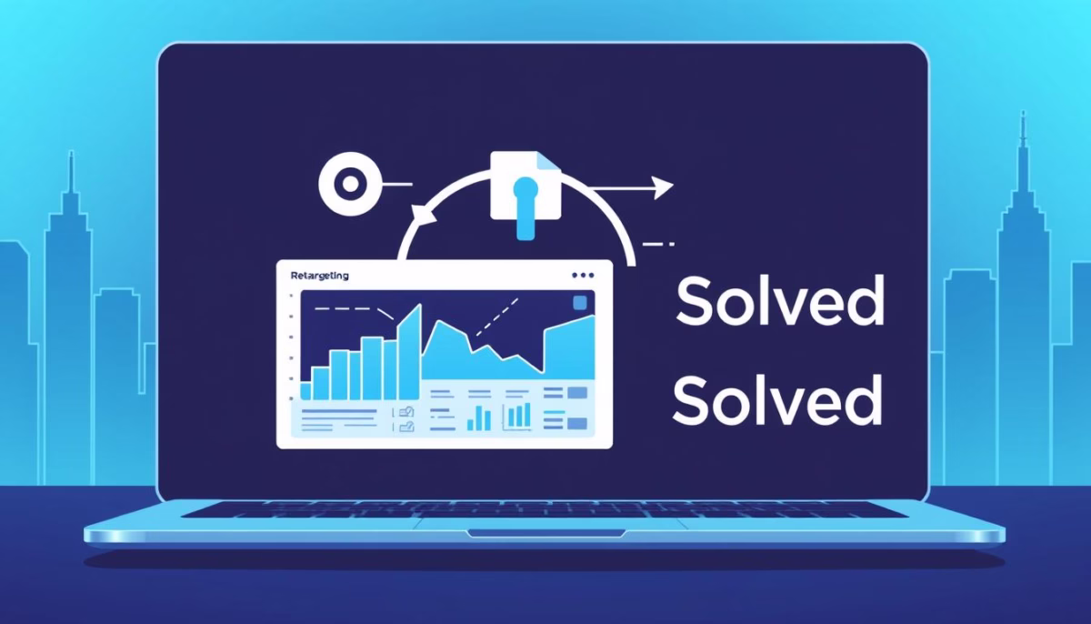 Laptop displaying retargeting ad strategy with analytics graph and "Solved" branding, emphasizing digital marketing solutions for customer re-engagement.