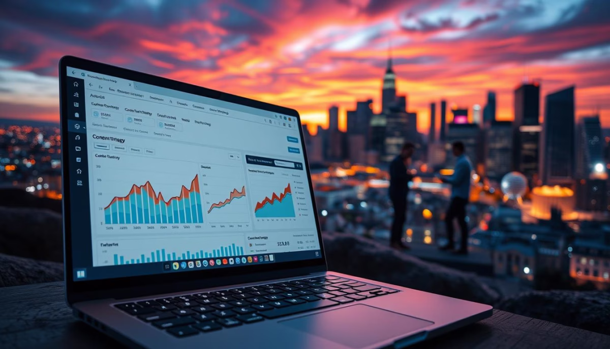 Laptop displaying analytics dashboard with graphs, sunset city skyline in background, representing AI-driven marketing strategies and SEO optimization for small businesses.