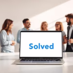 Laptop displaying "Solved" logo with a group of professionals discussing digital marketing strategies in the background, emphasizing AI integration in Google Ads optimization.