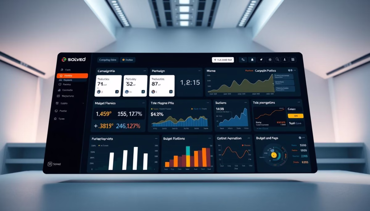 Dashboard interface displaying campaign metrics and analytics for Google Ads, featuring performance graphs, budget allocations, and key performance indicators, branded with Solved logo, emphasizing AI-driven optimization for small businesses.