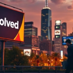Billboard featuring the brand name "Solved" in an urban setting with city skyline and sunset, symbolizing LinkedIn marketing and business growth strategies.