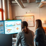 Two individuals analyzing data on a computer screen displaying AI-driven insights and influencer marketing metrics in a modern office setting.