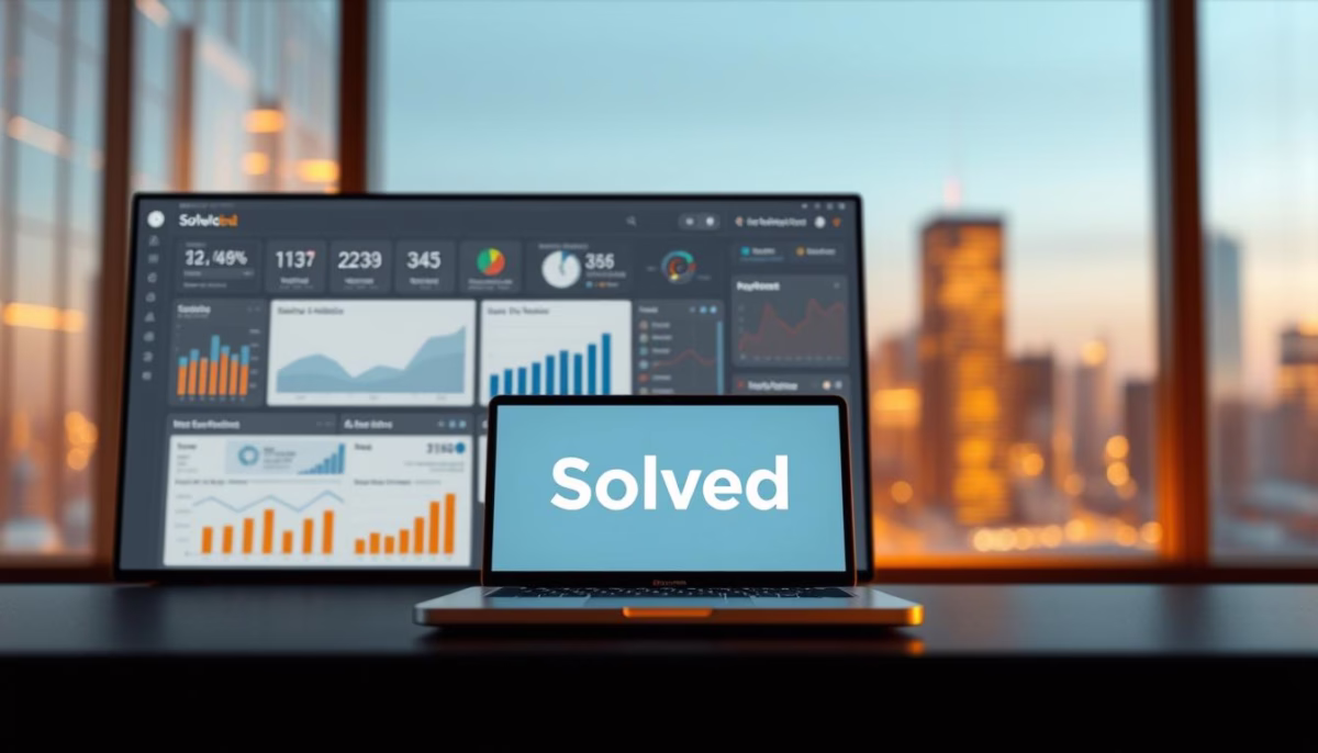 Laptop displaying "Solved" logo in front of a large screen showing analytics graphs and data visualizations, symbolizing AI-driven insights for small business growth.