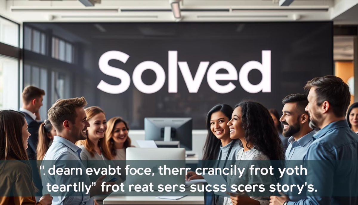 Group of diverse professionals engaging in discussion with "Solved" logo in the background, highlighting chatbot solutions for sales and lead qualification.