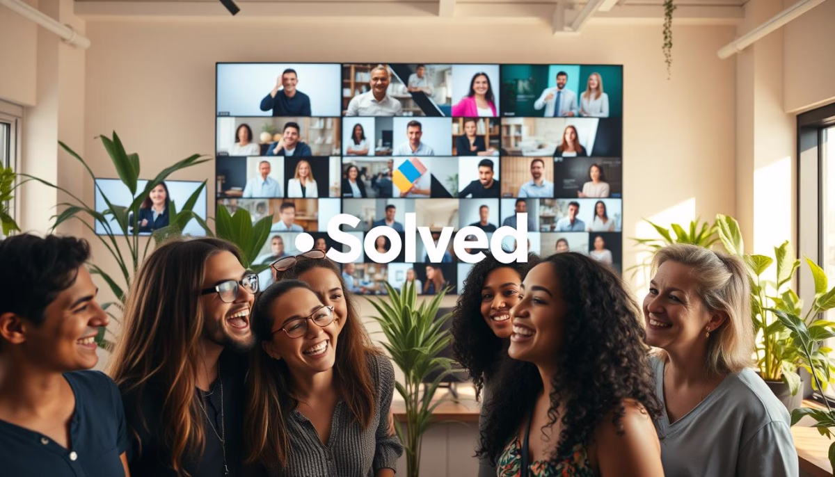 Group of diverse individuals smiling in front of a digital screen displaying customer video testimonials, featuring the Solved logo, emphasizing community and engagement in marketing strategies.