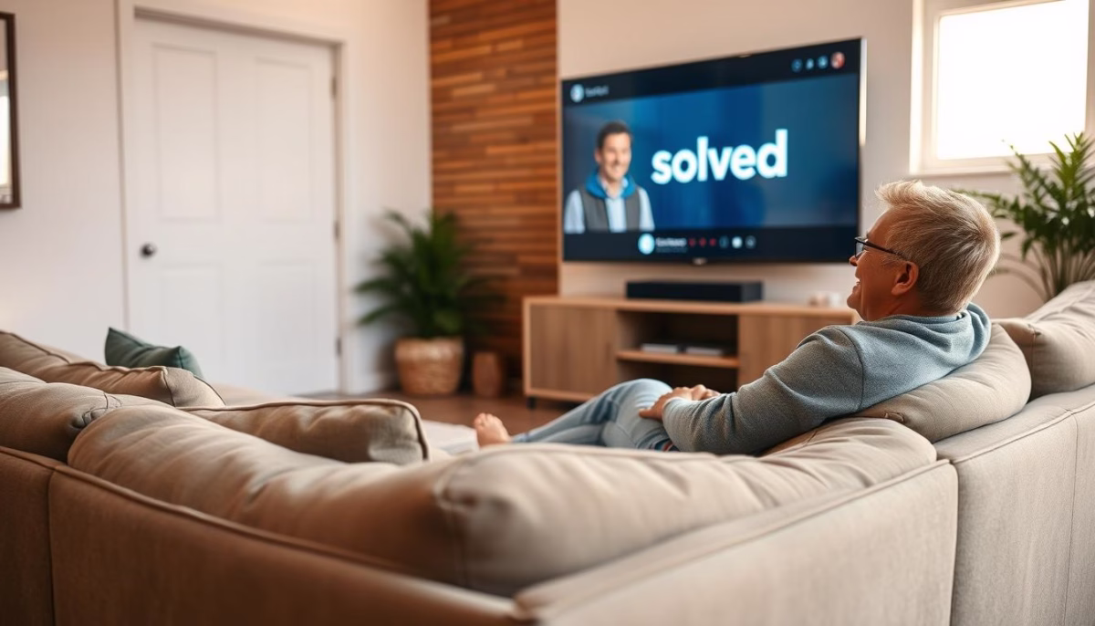 Person watching video testimonial on TV in cozy living room, showcasing Solved brand and customer engagement.