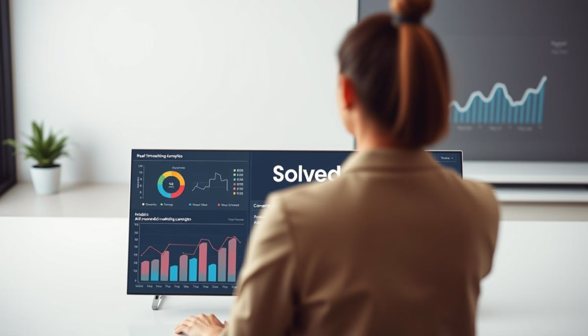 Woman analyzing real-time analytics on a computer screen with Solved branding, showcasing email marketing metrics and performance graphs for AI-driven strategies.