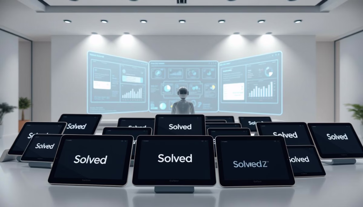 Multiple tablets displaying "Solved" logo in a modern office setting, with a person analyzing data on a large screen, emphasizing chatbot solutions for sales and lead qualification.