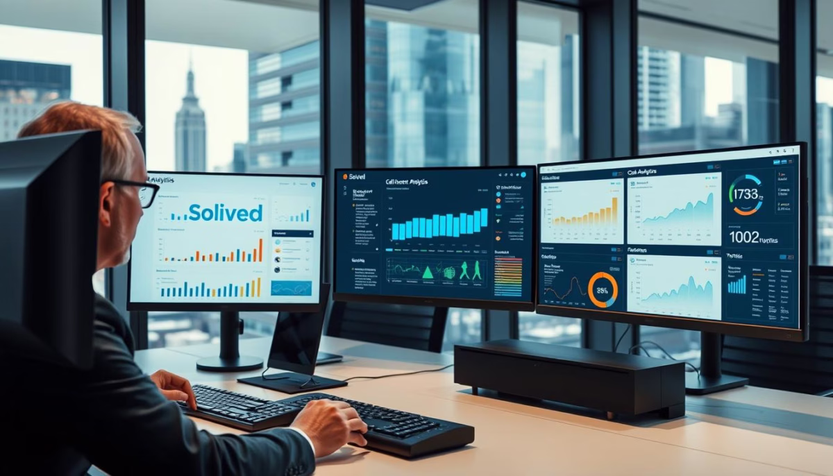 Business professional analyzing AI-driven call analytics on multiple monitors, featuring Solved branding, sales performance graphs, and data visualizations.