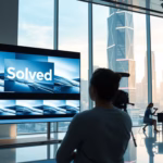 Person viewing a digital display featuring the 'Solved' logo in a modern office setting, emphasizing lead generation strategies for small businesses.