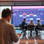 Business professional using tablet in front of a digital display showcasing AI tools for competitive analysis, with a group of colleagues engaged in discussion.