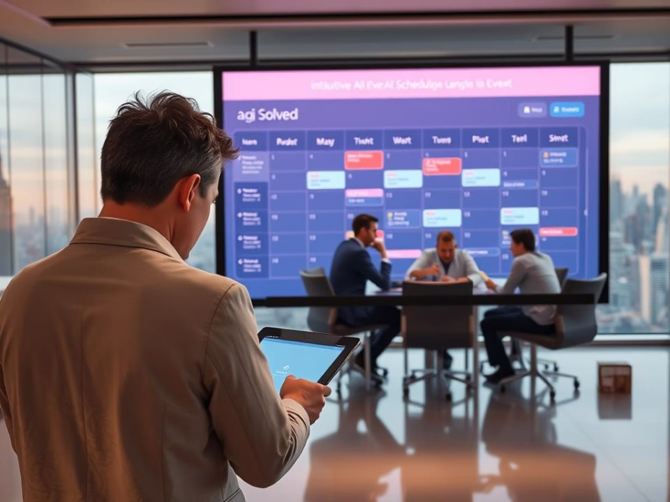 Man using a tablet in a modern office setting, with a large screen displaying an AI-powered scheduling tool by Solved, and a group of professionals collaborating at a conference table.