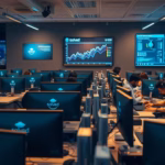 AI-powered call center environment with multiple workstations, screens displaying data analytics and performance metrics, illustrating enhanced customer engagement and service efficiency.
