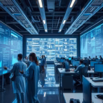 AI-powered competitive research environment with professionals analyzing data on large screens, emphasizing technology's role in enhancing sales strategies for small businesses.