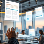 Hand interacting with digital proposal documents in a modern office, illustrating AI-powered proposal automation for sales workflow efficiency.