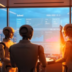 Robotic sales assistants engaging in discussion with data analytics displayed, emphasizing sales automation and productivity improvements for businesses.